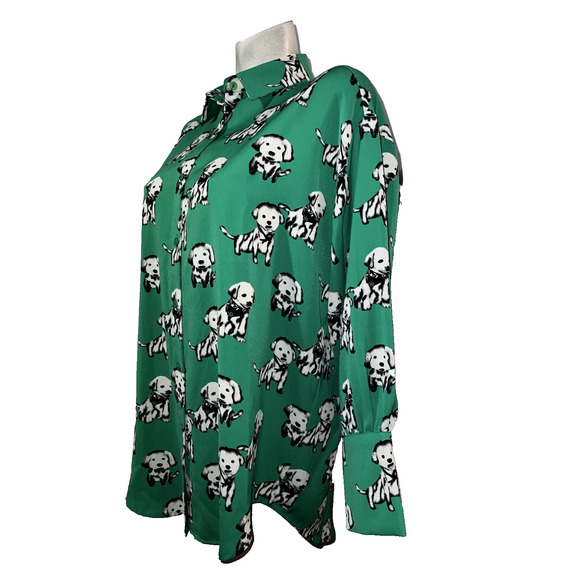 New Elli White Top Women's Size S Green Dog Print Button Shirt Collared Novelty - Picture 4 of 10